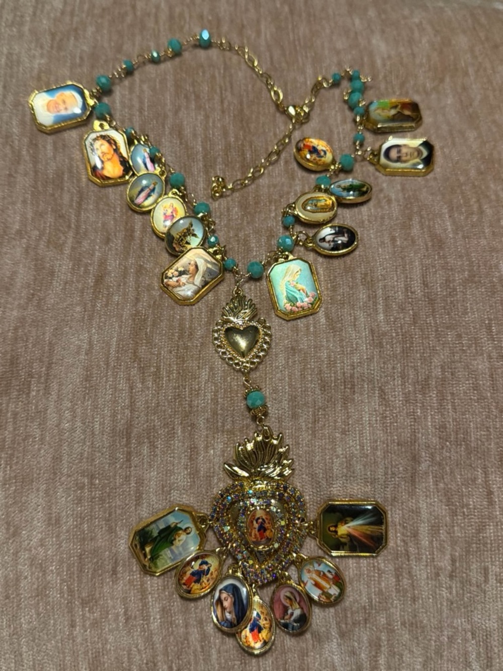 Gold-Tone Turquoise Religious Medallion Necklace
